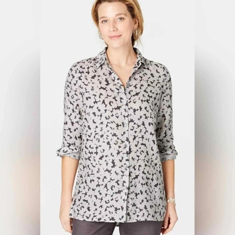 J.Jill Love Linen Essential Shirt Granite Daisy Shadow Print Classic XL ButtonUp